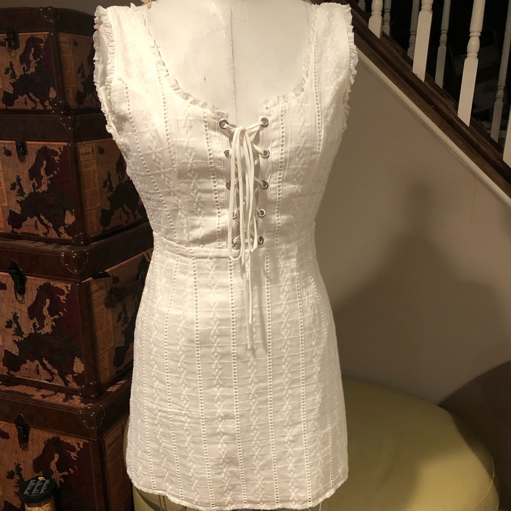 Sexy eyelet white mini dress with lace up  front